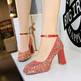 Shoes Chunky Heel High Heel Waterproof Platform Low Cut Square Toe Sequ Ankle Strap Shoes Wedding Shoes